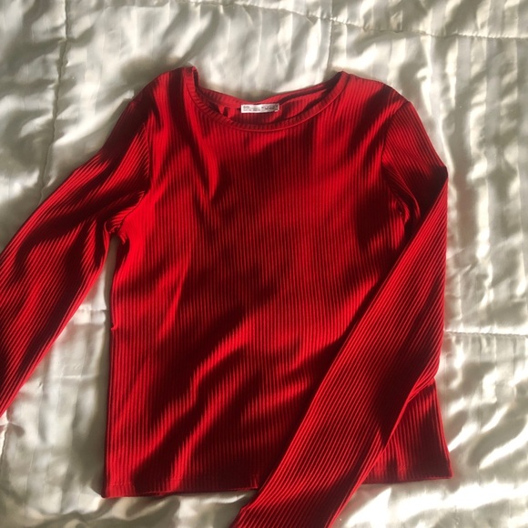 Zara | Tops | Long Sleeve Red Ribbed Sweater | Poshmark